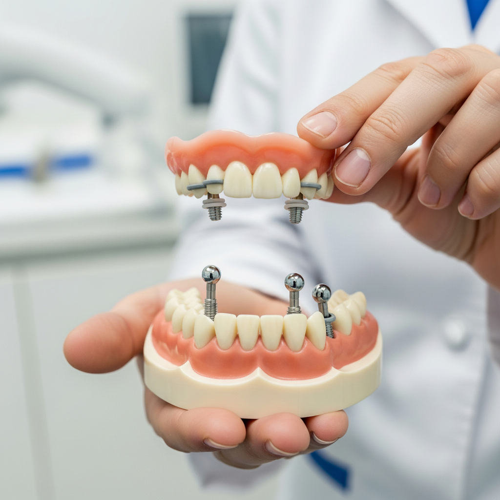 Dental Model of Mini Implant Denture Attachment Mini Dental Implants Review showcasing the O-ring system for immediate denture attachment.