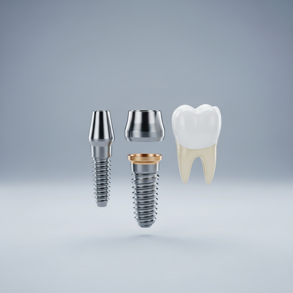 Dental Implant System Components Explained Visually Single Tooth Implant showcasing its three core components: the fixture, abutment, and final crown.