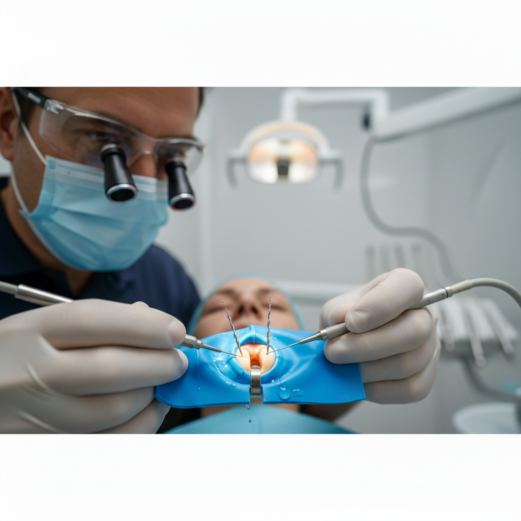 Root Canal Procedure with Dental Dam Root Canal Treatment procedure involves careful cleaning and shaping of the tooth's inner canals.