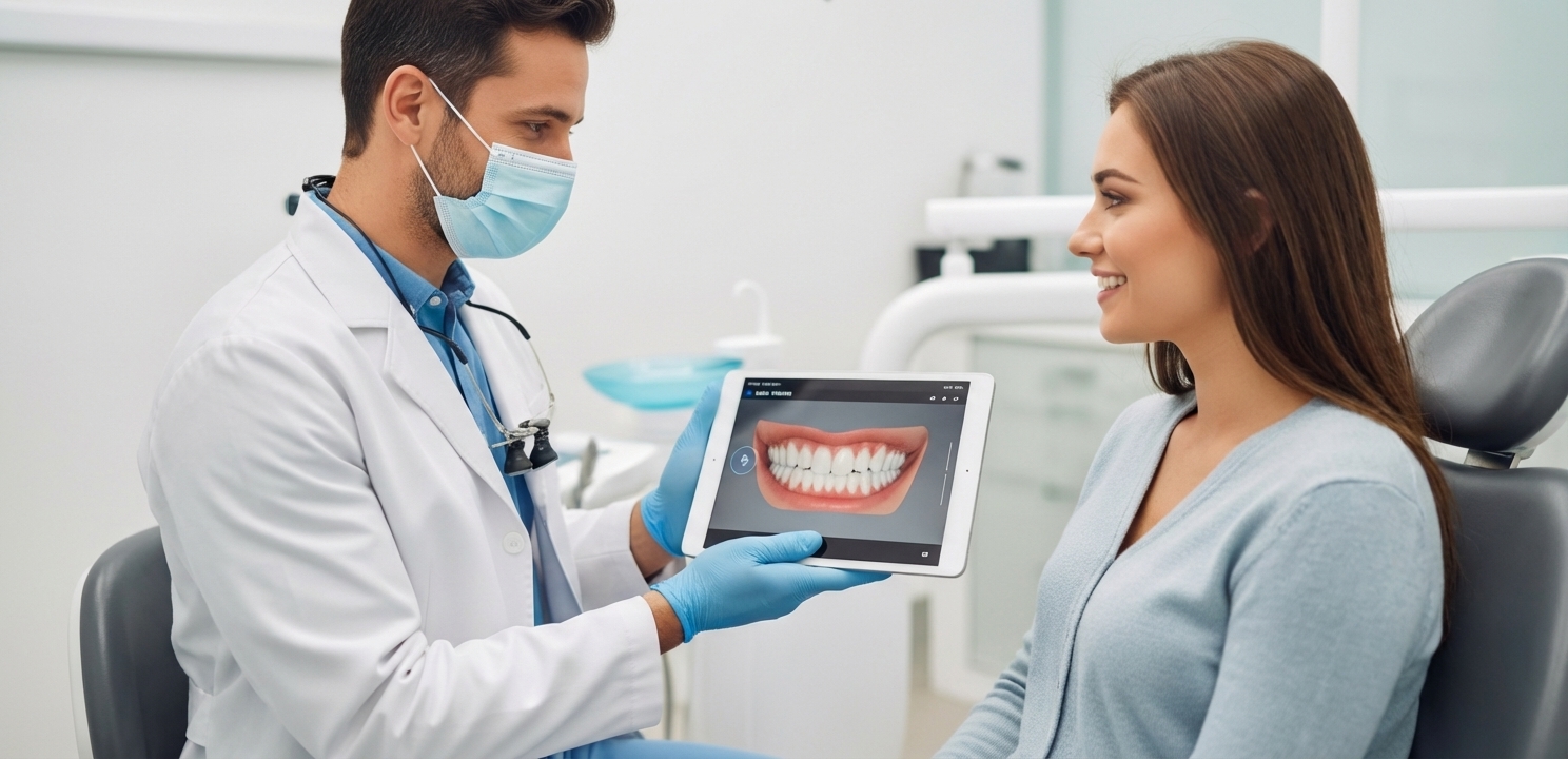 Dental Veneers being discussed during a digital smile design consultation with a dentist.
