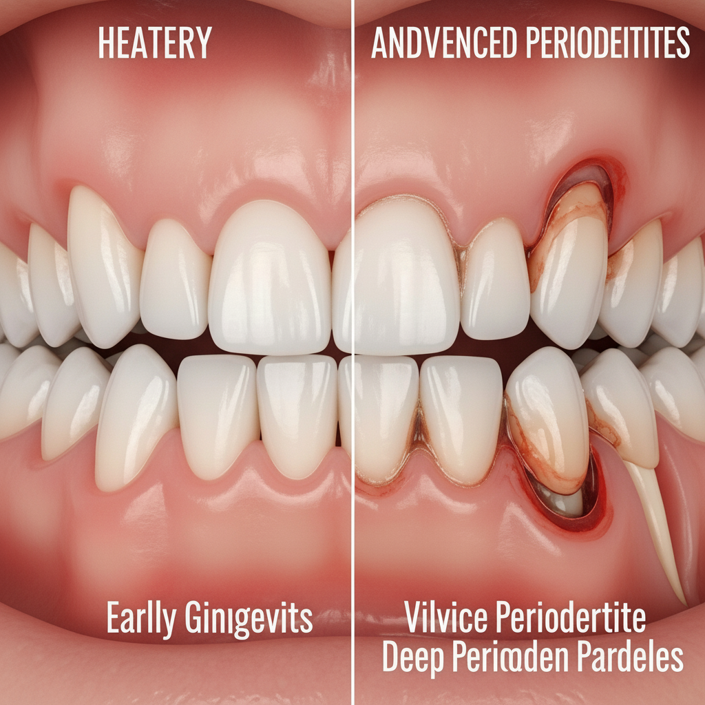 What Is Gum Disease: Visualizing the stages from healthy gums to advanced periodontitis with bone loss.