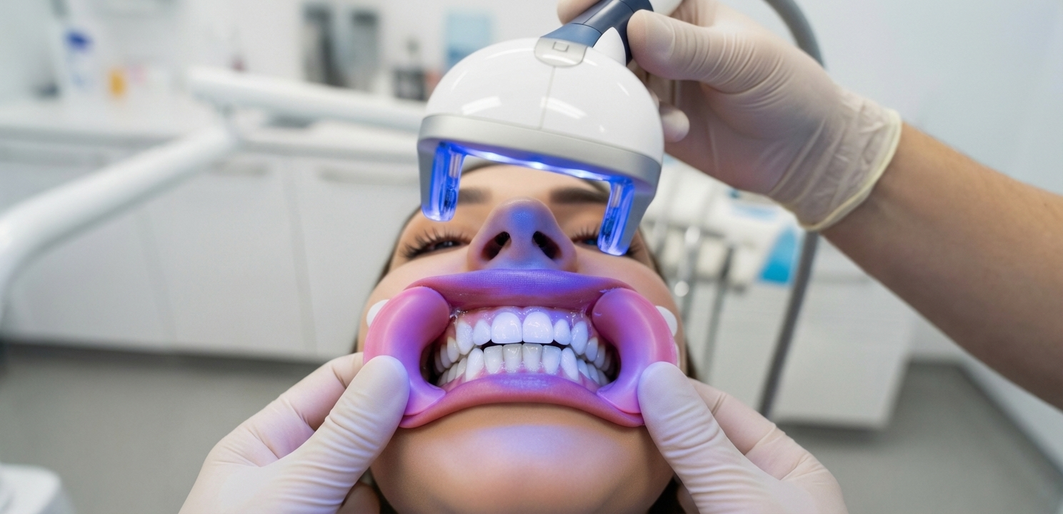 Professional Teeth Whitening procedure utilizing a specialized blue light to activate the gel.
