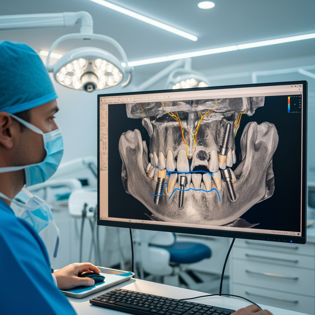 Virtual Surgical Planning for Full-Arch Restoration All-on-4 Dental Implants treatment begins with a precise digital plan using 3D imaging