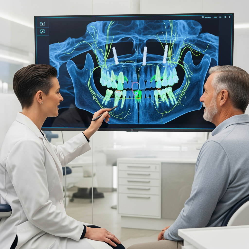 Advanced Dental Implant Consultation Session Mini Dental Implants Review showing a dentist and patient discussing a treatment plan.