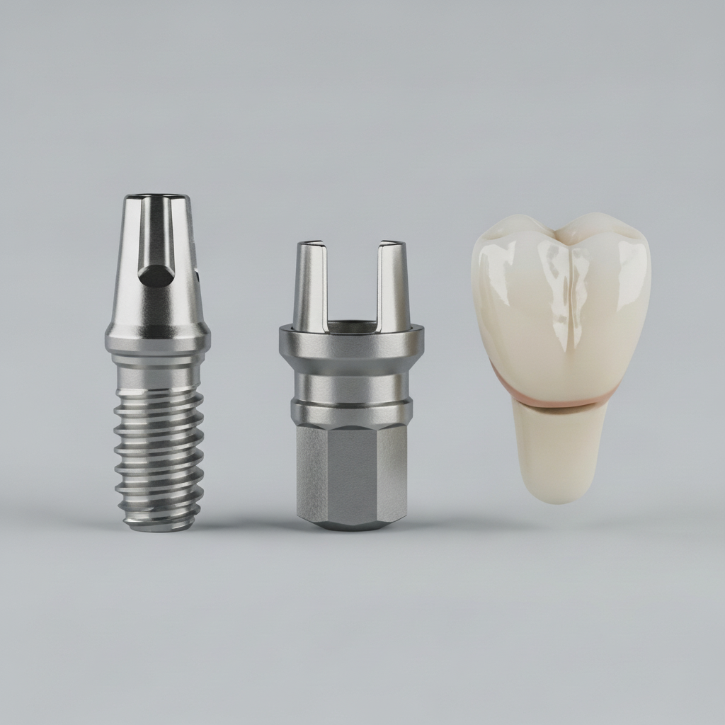 Close-up of Dental Implant Components Dental Implants consist of three main components: the titanium post, the abutment, and the custom-made crown