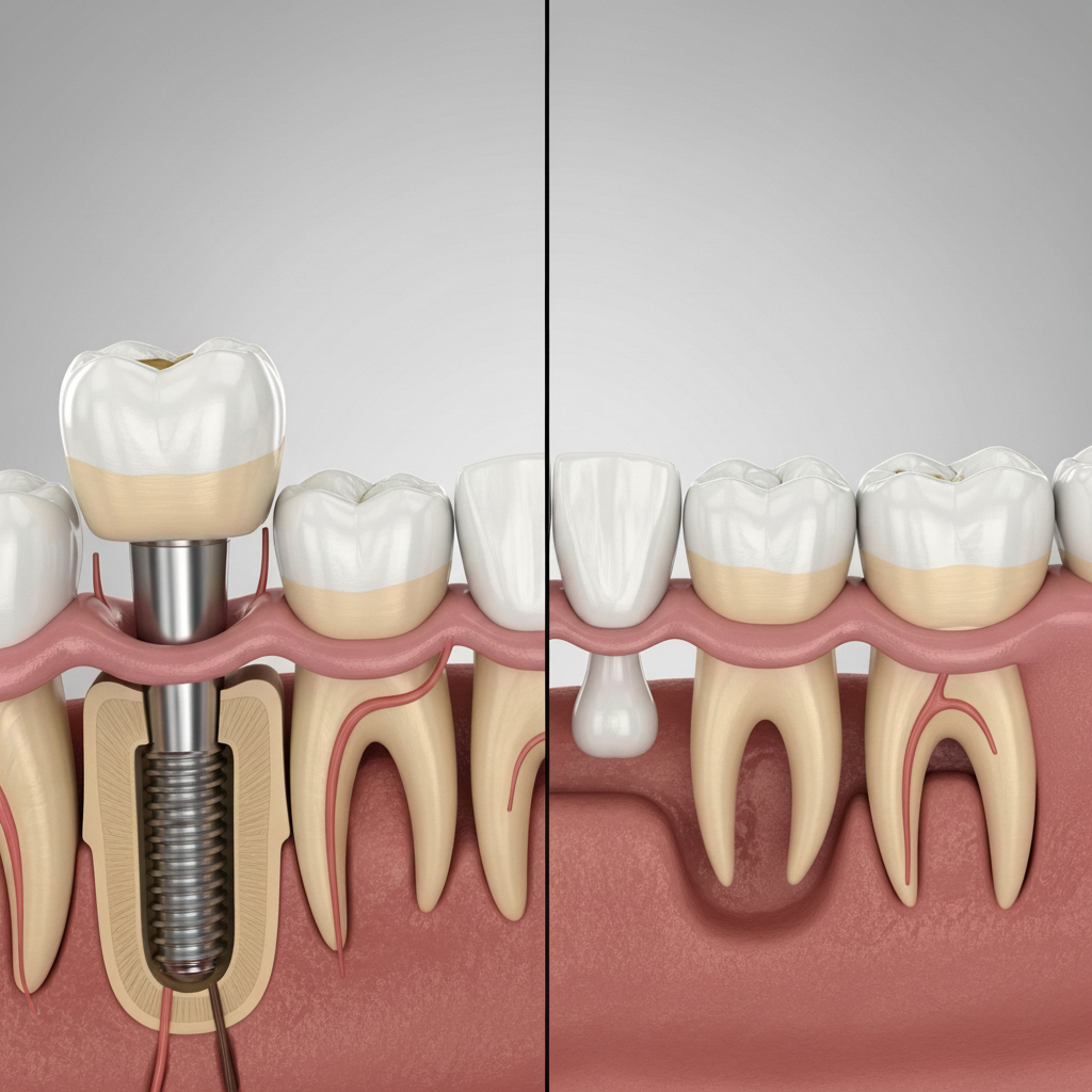 Dental Implant vs Traditional Bridge Comparison Single Tooth Implant shown next to a traditional bridge to compare jawbone impact