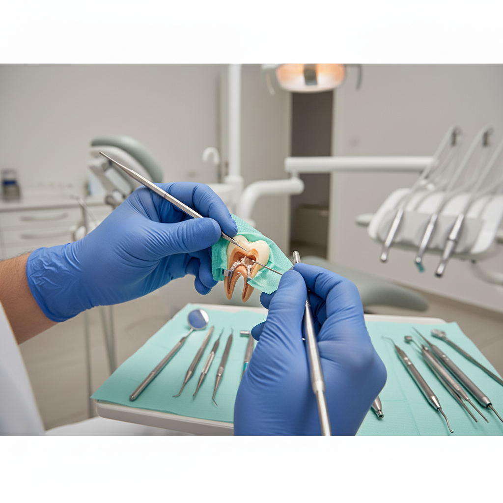 Dental professional cleaning tooth's internal root canals Root Canal Treatment: Dentist meticulously cleans and shapes root canals using advanced specialized dental instruments