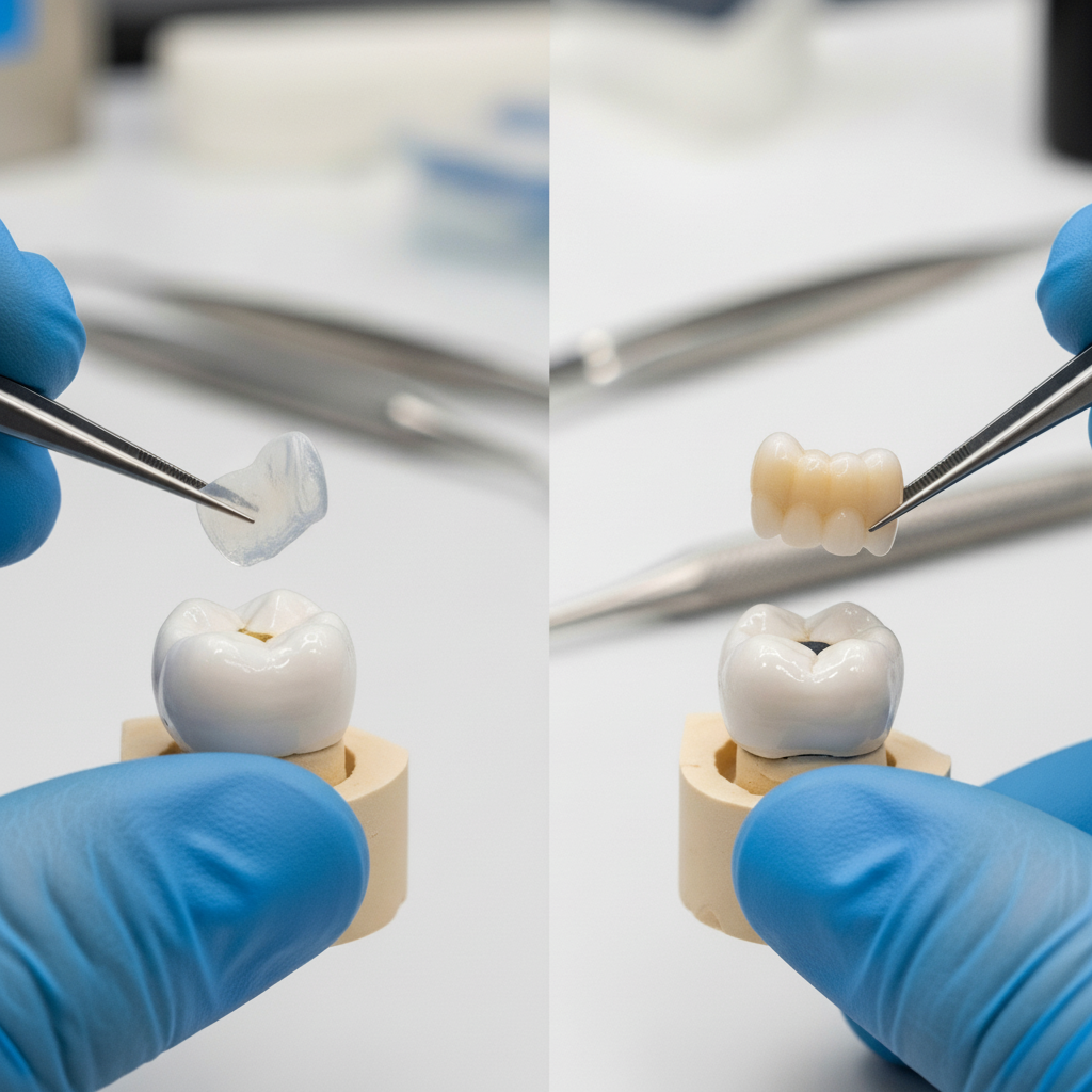 Comparing Dental Veneer and Crown Restorations Veneers vs Crowns showing the difference between a thin front-facing shell and a full-coverage cap
