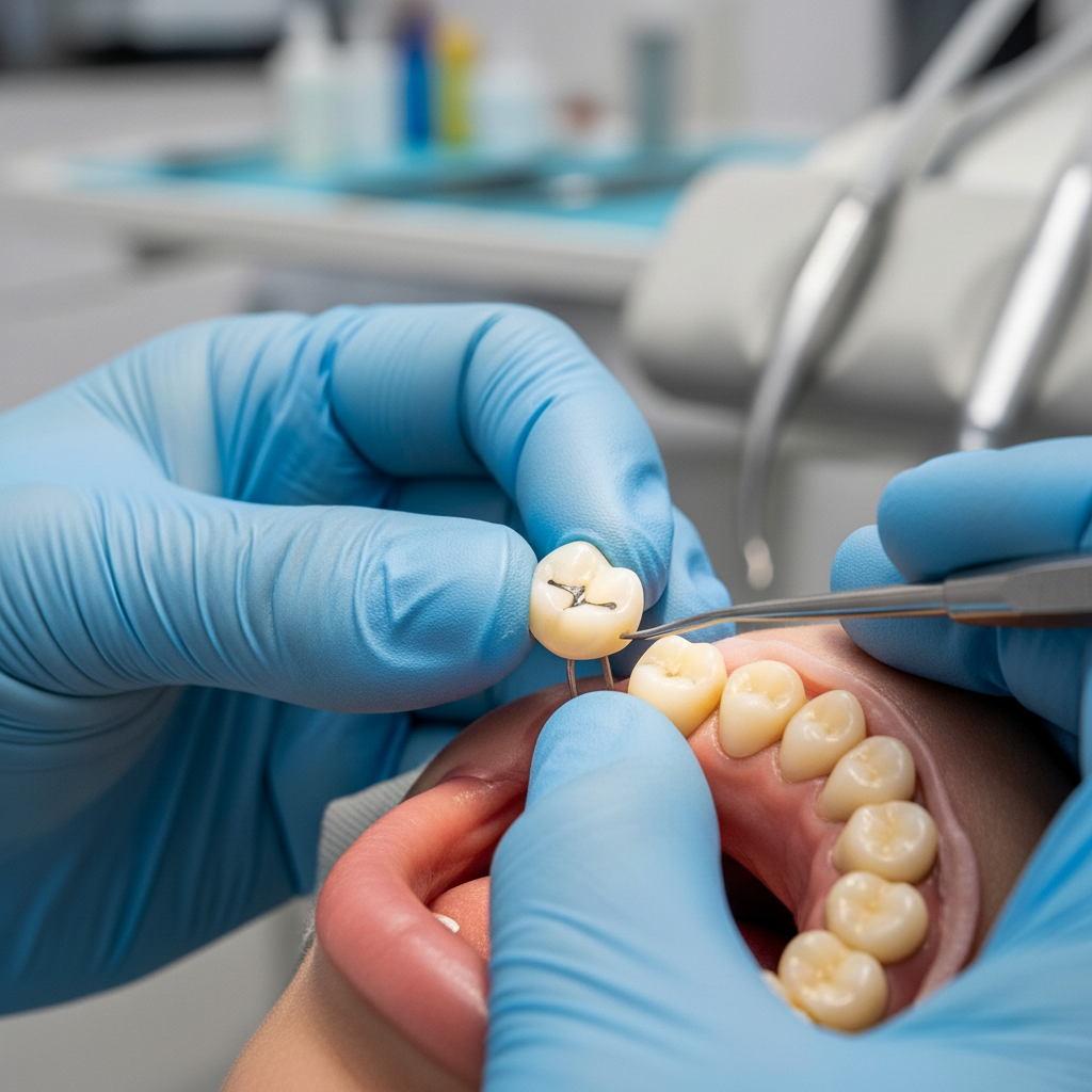 Dental crown placement by dentist What Is a Dental Crown, a dentist carefully cementing a permanent crown on a patient's tooth.