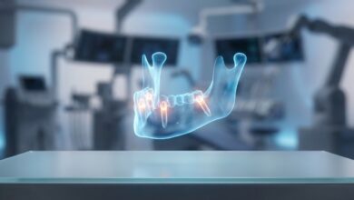 A photorealistic, close-up view of a glowing 3D digital model of a human jaw, illustrating the precise, angled placement of four dental implants in a modern, blurred laboratory setting.