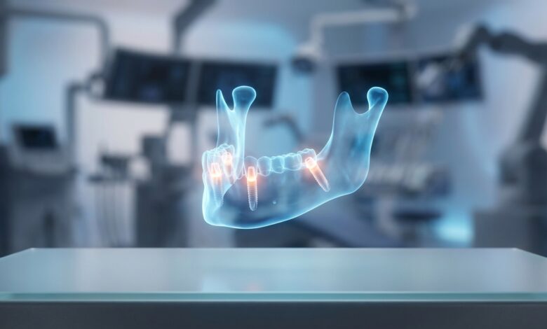 A photorealistic, close-up view of a glowing 3D digital model of a human jaw, illustrating the precise, angled placement of four dental implants in a modern, blurred laboratory setting.