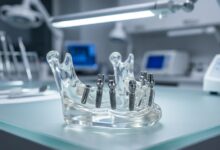 An ultra-detailed, close-up photograph of a clear jaw model displaying six titanium dental implants, representing the All-on-6 procedure, in a brightly lit, modern dental lab.