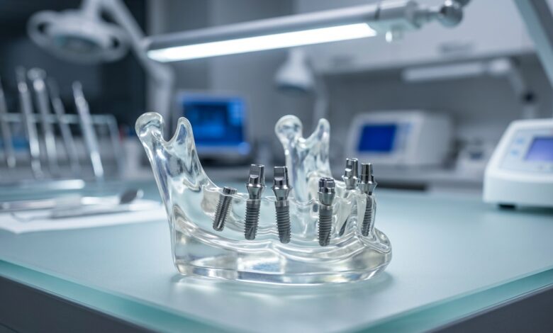 An ultra-detailed, close-up photograph of a clear jaw model displaying six titanium dental implants, representing the All-on-6 procedure, in a brightly lit, modern dental lab.