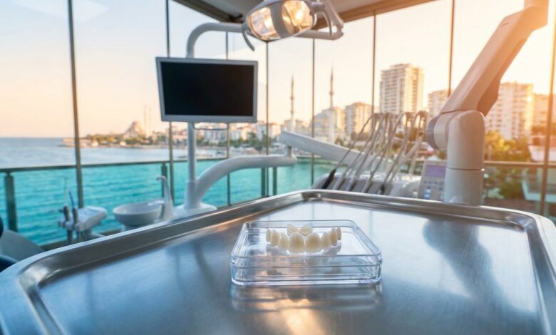 A photorealistic image of perfectly crafted porcelain veneers on a tray in a modern, high-tech dental clinic. A large window in the background shows a beautiful, blurred view of a sunny coastal city in Turkey.
