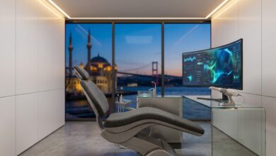 A photorealistic image of an empty, modern dental treatment room with advanced equipment. Through the large window, the blurred skyline of Istanbul, Turkey is visible at sunset, representing high-quality dental tourism.