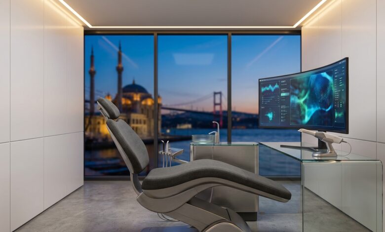 A photorealistic image of an empty, modern dental treatment room with advanced equipment. Through the large window, the blurred skyline of Istanbul, Turkey is visible at sunset, representing high-quality dental tourism.