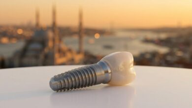 A photorealistic close-up of a modern dental implant on a clean surface, with the blurred background of the Istanbul skyline at sunset, symbolizing the fusion of dental care and tourism.