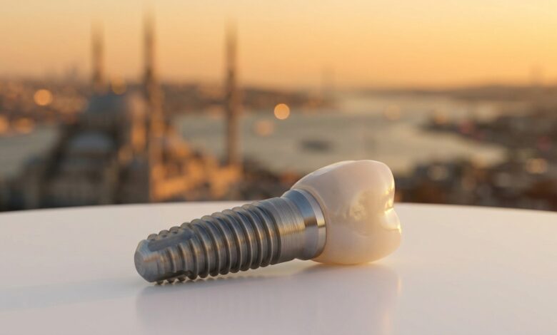 A photorealistic close-up of a modern dental implant on a clean surface, with the blurred background of the Istanbul skyline at sunset, symbolizing the fusion of dental care and tourism.