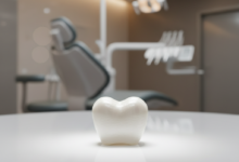 A highly detailed, photorealistic image of a single, perfectly formed, white dental crown, showcasing its natural luster and texture, resting on a clean, reflective surface. The background is a softly blurred, modern dental clinic interior.