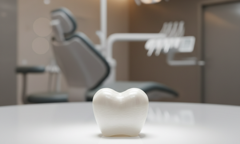A highly detailed, photorealistic image of a single, perfectly formed, white dental crown, showcasing its natural luster and texture, resting on a clean, reflective surface. The background is a softly blurred, modern dental clinic interior.