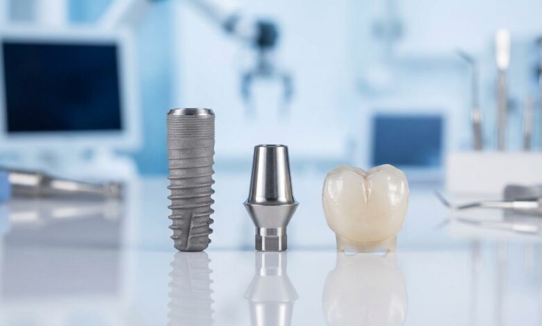 A detailed, photorealistic macro image of the three separate components of a dental implant—the titanium screw, the connecting abutment, and the final ceramic tooth crown—laid out on a clean, sterile surface in a modern dental clinic.