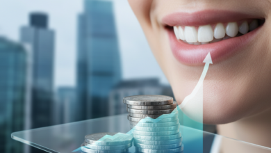 A conceptual image illustrating the intersection of dental health and financial planning, featuring a subtle healthy smile, generic metallic coins, and a blurred graph on a modern device, all set against a soft-focus urban cityscape hinting at the United Kingdom.