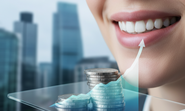 A conceptual image illustrating the intersection of dental health and financial planning, featuring a subtle healthy smile, generic metallic coins, and a blurred graph on a modern device, all set against a soft-focus urban cityscape hinting at the United Kingdom.