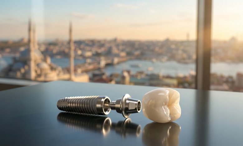A photorealistic close-up of a complete dental implant, including a titanium screw and a white ceramic crown, resting on a clean surface. The background is a heavily blurred, out-of-focus view of a modern city in Turkey during a sunny day.