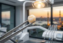 A photorealistic close-up of a perfect ceramic dental implant crown held by precision tweezers in a sterile, modern dental clinic. Through the window, the skyline of Istanbul, Turkey is visible in a beautiful, soft-focus blur at sunset.