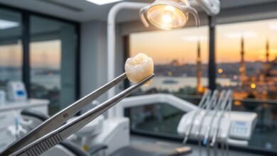 A photorealistic close-up of a perfect ceramic dental implant crown held by precision tweezers in a sterile, modern dental clinic. Through the window, the skyline of Istanbul, Turkey is visible in a beautiful, soft-focus blur at sunset.