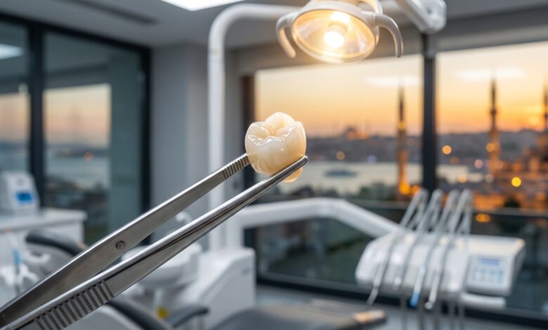 A photorealistic close-up of a perfect ceramic dental implant crown held by precision tweezers in a sterile, modern dental clinic. Through the window, the skyline of Istanbul, Turkey is visible in a beautiful, soft-focus blur at sunset.