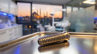 A close-up, photorealistic image of a single titanium dental implant screw on a sterile surface in a modern clinic, with a blurred view of a city skyline through a window in the background.