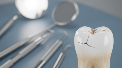 A photorealistic close-up of a human molar tooth with a subtle crack on its surface, set against a blurred background of a modern dental clinic with out-of-focus dental instruments.