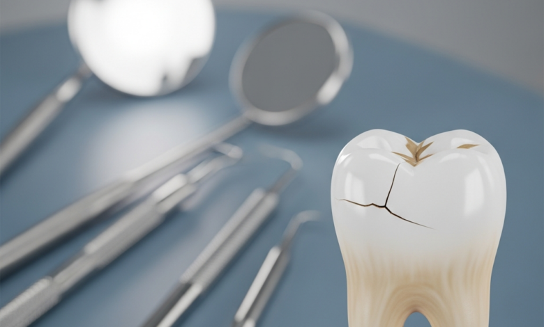 A photorealistic close-up of a human molar tooth with a subtle crack on its surface, set against a blurred background of a modern dental clinic with out-of-focus dental instruments.