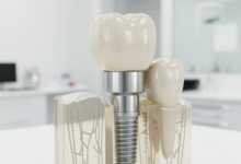 A highly detailed, photorealistic close-up of a gleaming dental implant, showing the metal post, abutment, and ceramic crown. The implant is perfectly formed against a sterile, blurred dental background, highlighting its durability and precision without any text or branding.