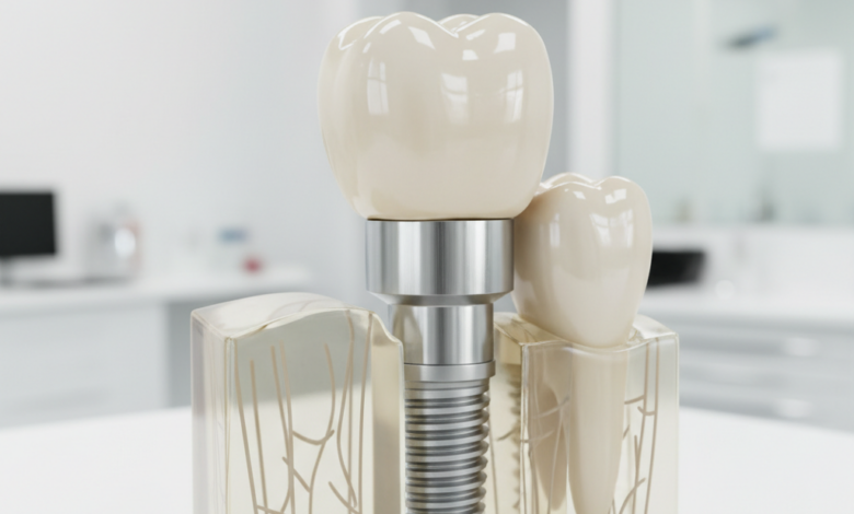 A highly detailed, photorealistic close-up of a gleaming dental implant, showing the metal post, abutment, and ceramic crown. The implant is perfectly formed against a sterile, blurred dental background, highlighting its durability and precision without any text or branding.