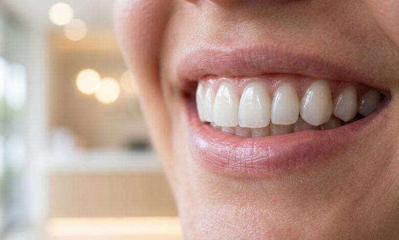 A detailed close-up of a person's perfect, bright smile, showcasing the natural and flawless appearance of well-maintained dental veneers against a soft, blurred background.