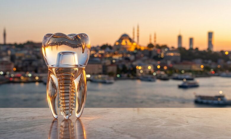 A photorealistic image showing a perfect, abstract model of a dental implant with a blurred background of the Istanbul, Turkey skyline at sunset, representing dental tourism.