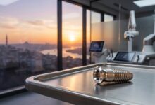 A photorealistic close-up of a titanium dental implant on a tray inside a modern clinic, with a large window showing a blurred, scenic view of Istanbul, Turkey in the background.
