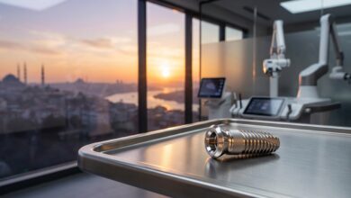 A photorealistic close-up of a titanium dental implant on a tray inside a modern clinic, with a large window showing a blurred, scenic view of Istanbul, Turkey in the background.