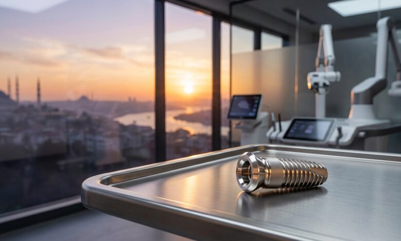 A photorealistic close-up of a titanium dental implant on a tray inside a modern clinic, with a large window showing a blurred, scenic view of Istanbul, Turkey in the background.