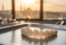 A close-up, photorealistic image of perfectly crafted dental veneers and crowns on a tray in a modern dental clinic, with a blurred sunlit view of Istanbul, Turkey, visible through a window in the background.