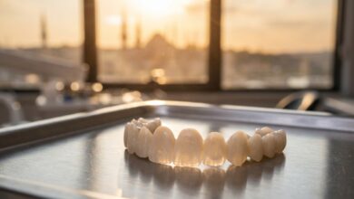 A close-up, photorealistic image of perfectly crafted dental veneers and crowns on a tray in a modern dental clinic, with a blurred sunlit view of Istanbul, Turkey, visible through a window in the background.