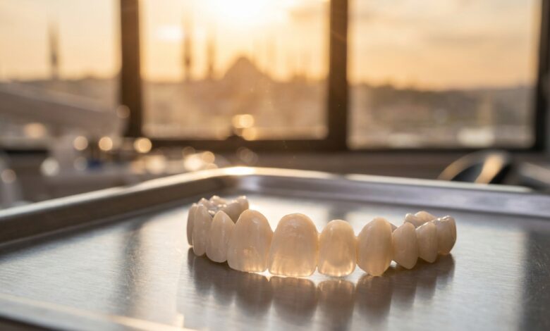 A close-up, photorealistic image of perfectly crafted dental veneers and crowns on a tray in a modern dental clinic, with a blurred sunlit view of Istanbul, Turkey, visible through a window in the background.