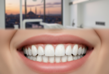 Close-up of a radiant, perfectly aligned smile, representing successful cosmetic dentistry. In the blurred background, a modern dental clinic interior with a city skyline (possibly Istanbul) visible through a window hints at global dental tourism.