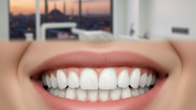 Close-up of a radiant, perfectly aligned smile, representing successful cosmetic dentistry. In the blurred background, a modern dental clinic interior with a city skyline (possibly Istanbul) visible through a window hints at global dental tourism.
