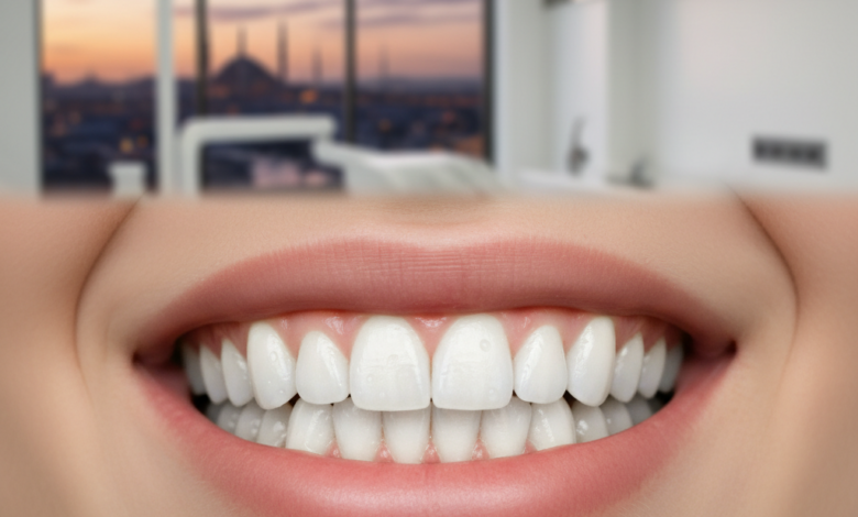 Close-up of a radiant, perfectly aligned smile, representing successful cosmetic dentistry. In the blurred background, a modern dental clinic interior with a city skyline (possibly Istanbul) visible through a window hints at global dental tourism.