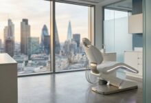 A serene and modern dental clinic room with an empty patient chair, overlooking a blurred UK city skyline through a large window.