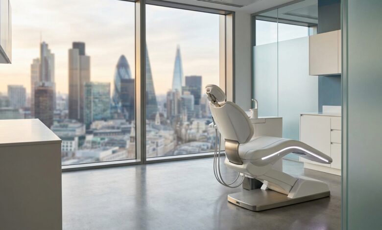 A serene and modern dental clinic room with an empty patient chair, overlooking a blurred UK city skyline through a large window.