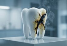 A photorealistic conceptual image depicting a pristine white tooth-like object being corrupted by a dark, smoky, tar-like substance, symbolizing the damaging effects of smoking on teeth.